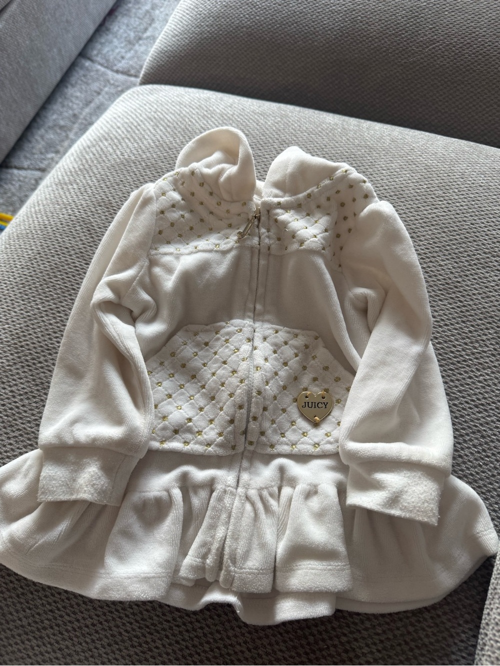 Juicy Couture Cream Quilted Peplum Zip Hoodie with Gold Studs
